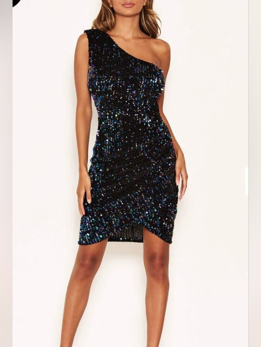 AX Paris Black One-Shoulder Sequin Mini Dress Size 18 NWT